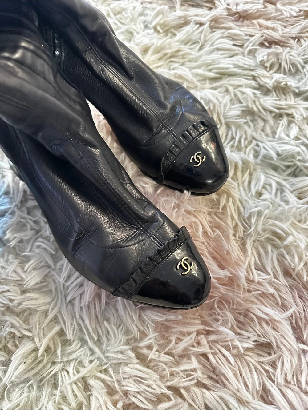 Chanel Knee High Cap Toe Ruffle CC Boots Size 36.5